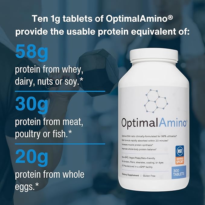 OptimalAmino Tablets (300 Count) | 99% Utilized Essential Amino Acid (EAA) Supplement, Increase Muscle Recovery, BCAA Protein Pre/Post Workout | NSF Certified for Sport® Certified
