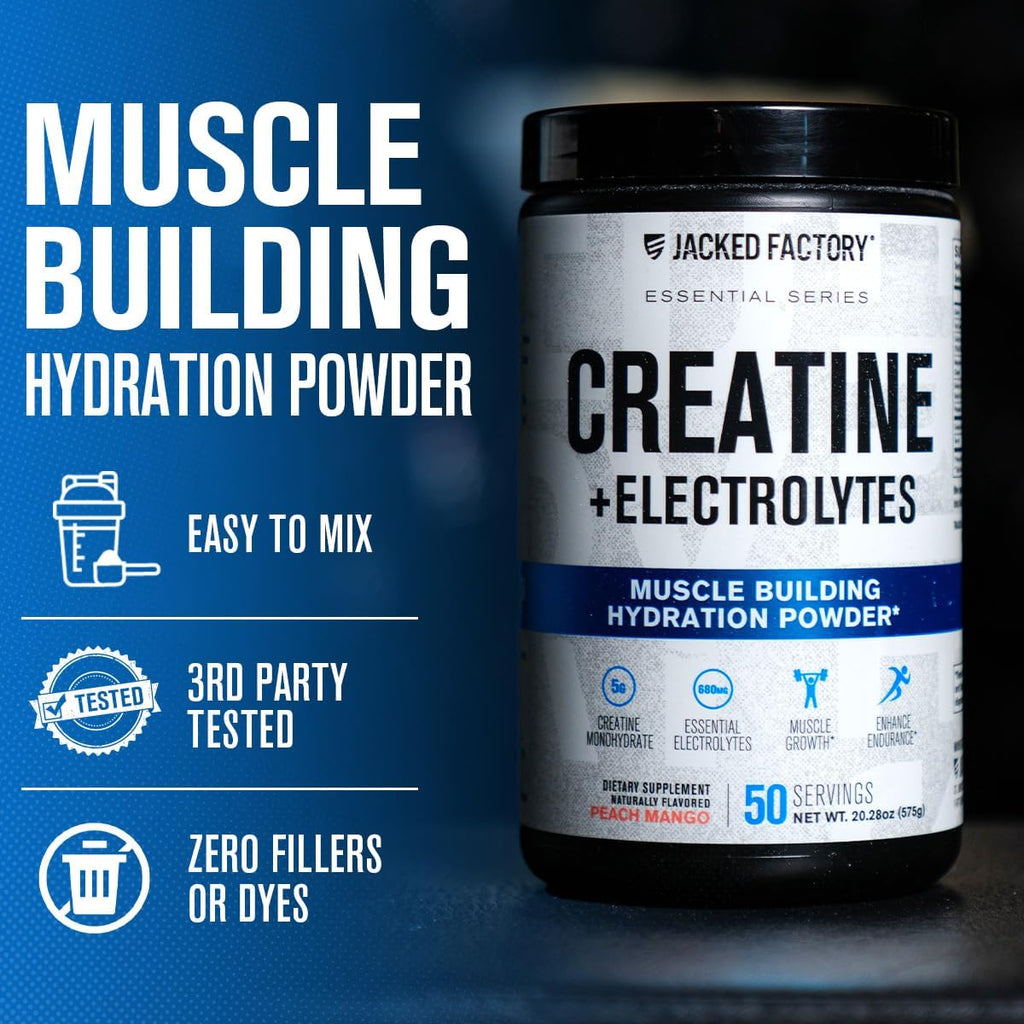 Jacked Factory Creatine + Electrolytes - Creatine Monohydrate with Taurine, Calcium, Sodium, & Potassium to Increase Muscle Growth, Strength, Hydration, & Endurance - 50 Servings, Peach Mango