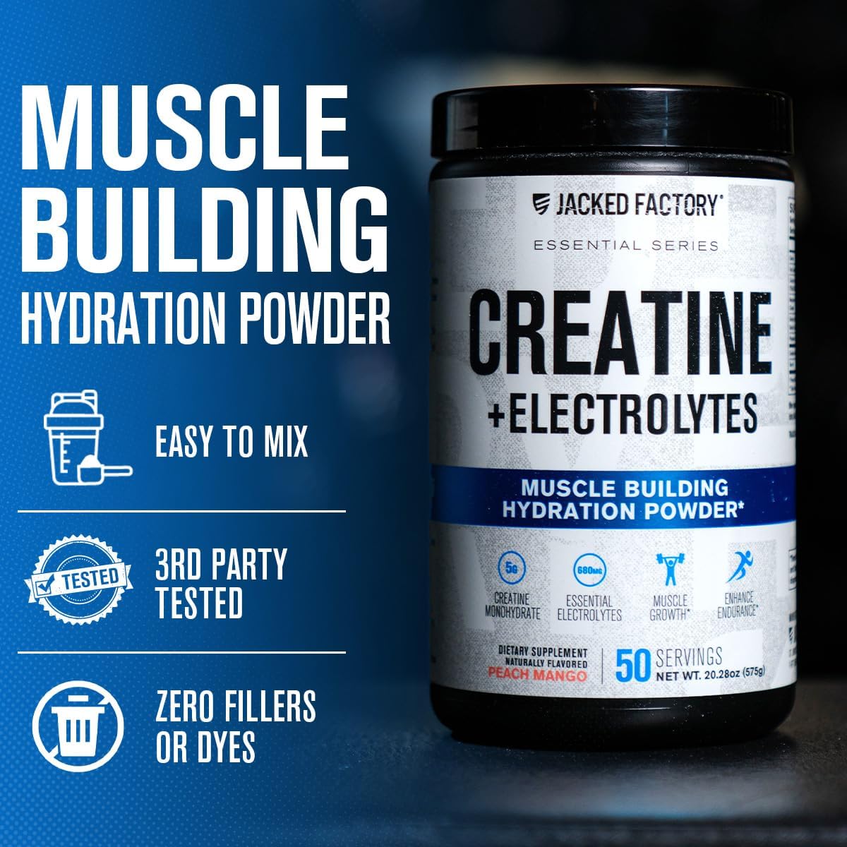Jacked Factory Creatine + Electrolytes - Creatine Monohydrate with Taurine, Calcium, Sodium, & Potassium to Increase Muscle Growth, Strength, Hydration, & Endurance - 50 Servings, Peach Mango
