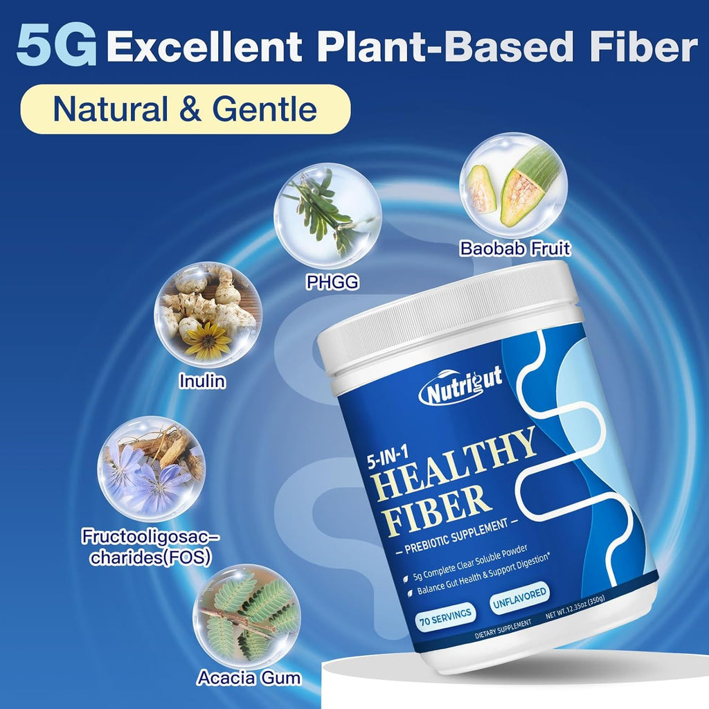Fiber Supplement - Prebiotic Fiber Supplement Powder, 5g Soluble Fiber Powder with Acacia & Inulin for Daily Digestive Health & Regularity, Gluten & Sugar Free, Vegan, Unflavored - 70 Servings