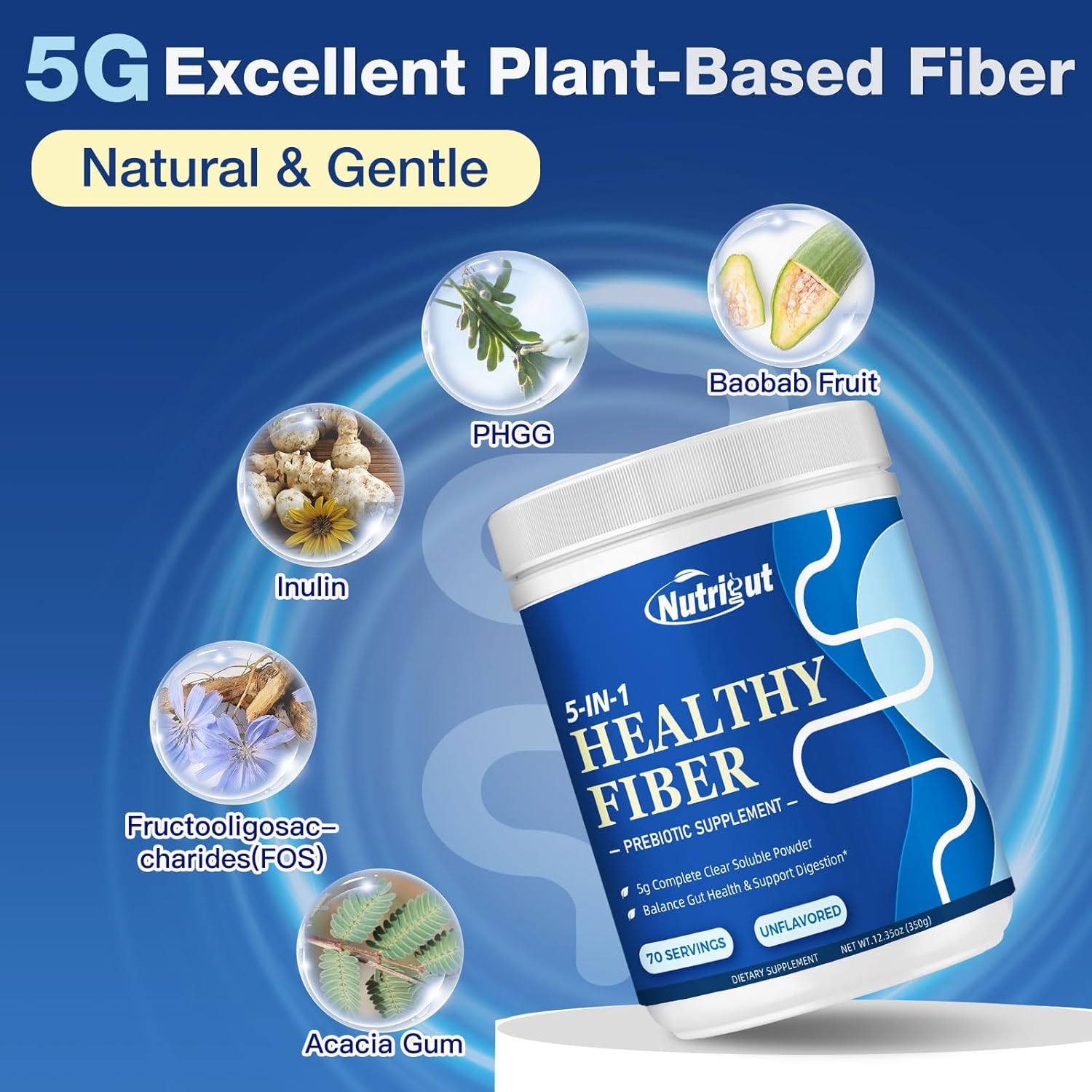 Fiber Supplement - Prebiotic Fiber Supplement Powder, 5g Soluble Fiber Powder with Acacia & Inulin for Daily Digestive Health & Regularity, Gluten & Sugar Free, Vegan, Unflavored - 70 Servings