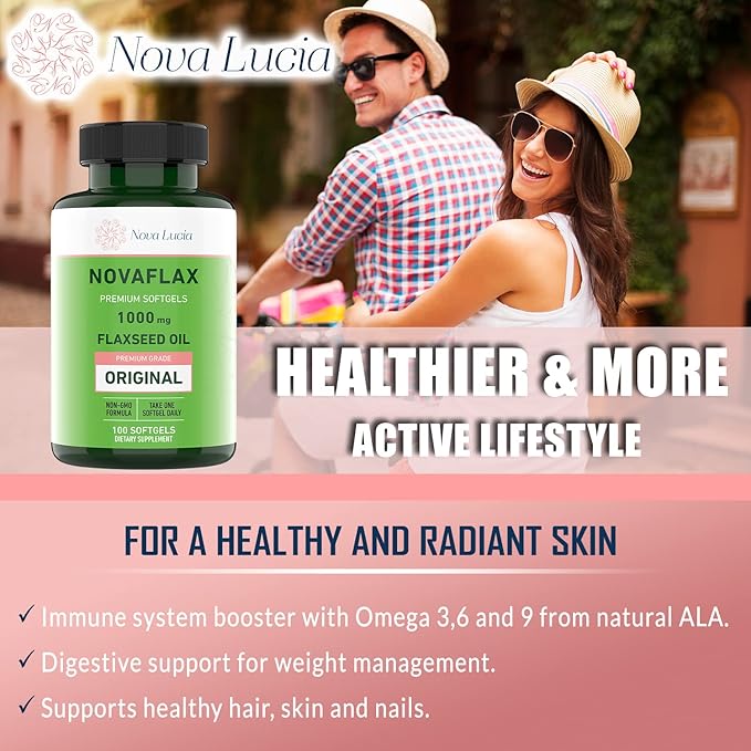 Nova Lucia Organic Flaxseed Oil Capsules 1000mg – Omega 3 6 9 Softgels for Hair, Skin & Nails – Non-GMO, Gluten-Free, Hexane-Free, Easy to Swallow – 100 Liquid Softgels