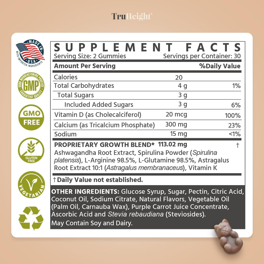 TruHeight Growth Gummies (Watermelon) Natural Growth & Development Supplement for Kids & Teens - Vitamin D, K, Calcium & Ashwaganda - Bone Strength Vitamins, Picky Eater Ages 5+ (Pack of 2) 120 Count
