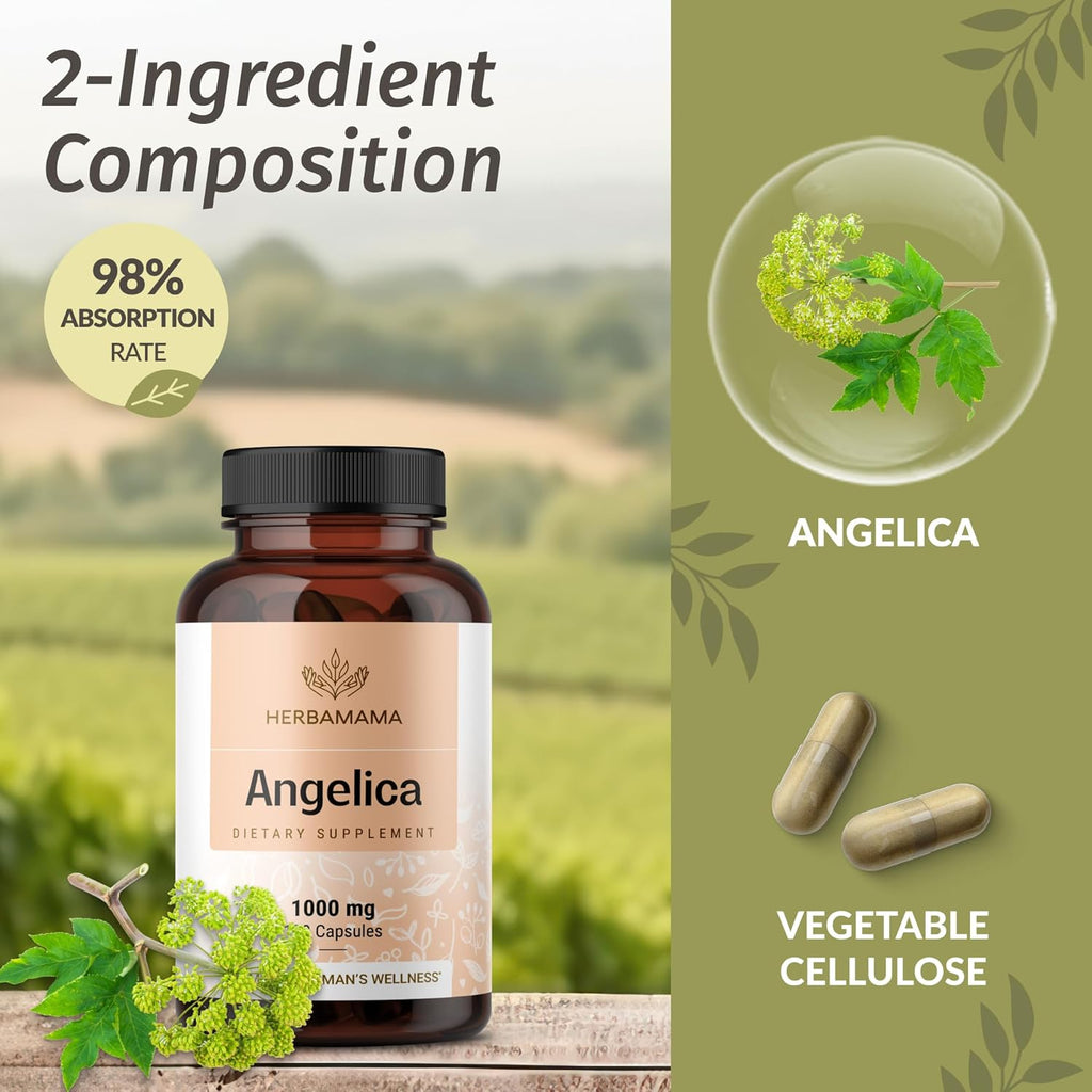 HERBAMAMA Dong Quai Supplement - 1000mg Angelica Root for Women's Support - Dong Quai Powder Capsules - Vegan, Non-GMO Angelica Herb Antioxidant Supplement for Women, 100 Caps