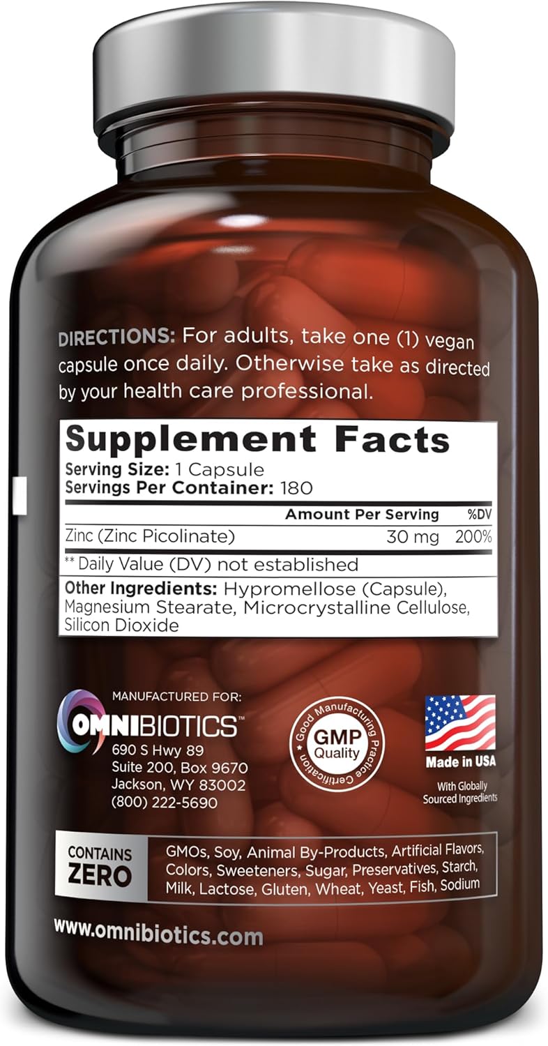 OmniBiotics Zinc Picolinate 30mg Supplement – High Absorption Zinc for Immune System, Healthy Skin, and Energy Support – 180 Vegan Capsules