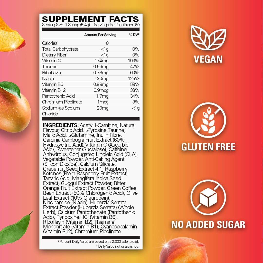 EHP Labs OxyShred Pre Workout Powder - Preworkout Powder with L Glutamine & Acetyl L Carnitine, Energy Boost Drink - Peach Mango, 60 Servings