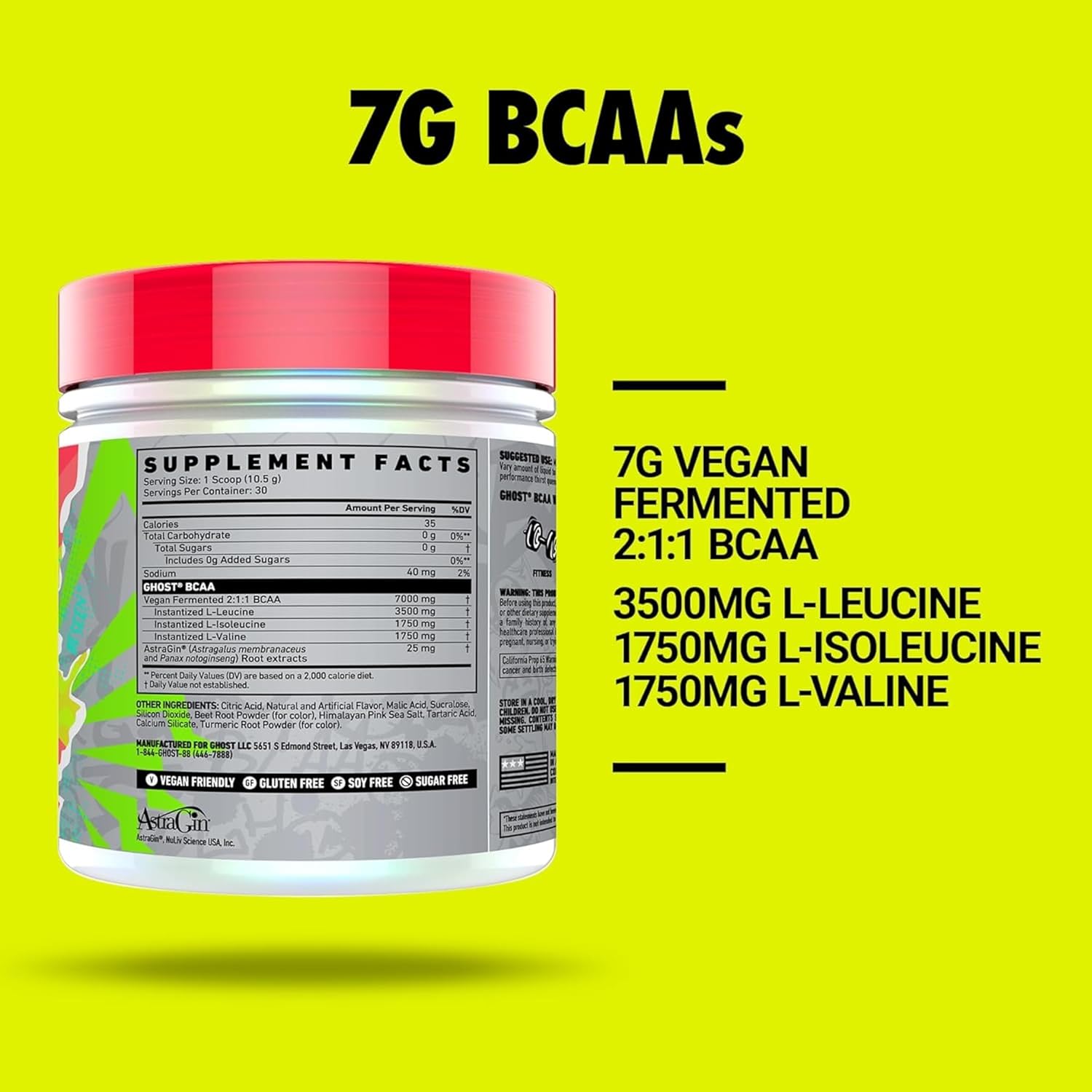 GHOST BCAA Powder Amino Acids Supplement, Kiwi Strawberry - 30 Servings - Sugar-Free Intra, Post & Pre Workout Amino Powder & Recovery Drink, 7G BCAA