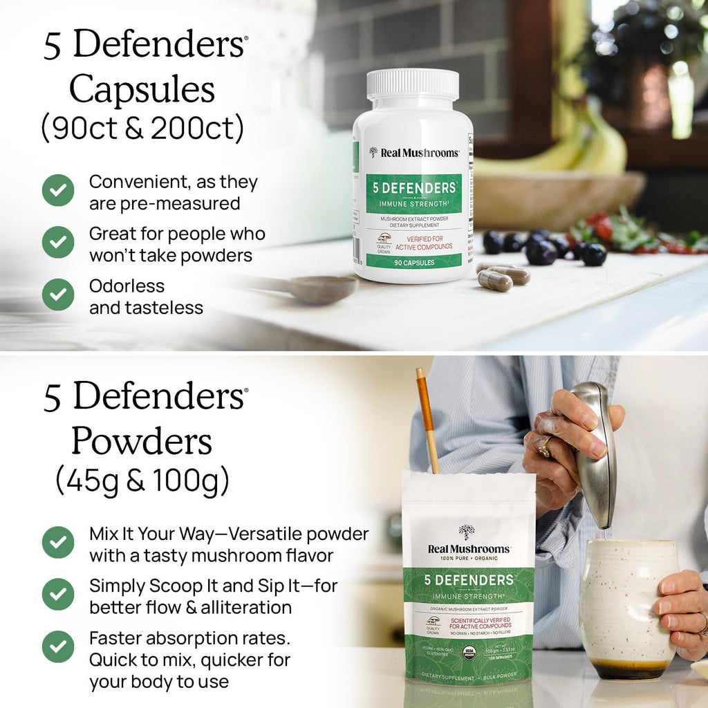 Real Mushrooms 5 Defenders - Adaptogenic Mushrooms Complex with Chaga, Reishi, Turkey Tail, Maitake & Shiitake for Wellness Support - Mushroom Beta Glucan Capsules - 90 Count