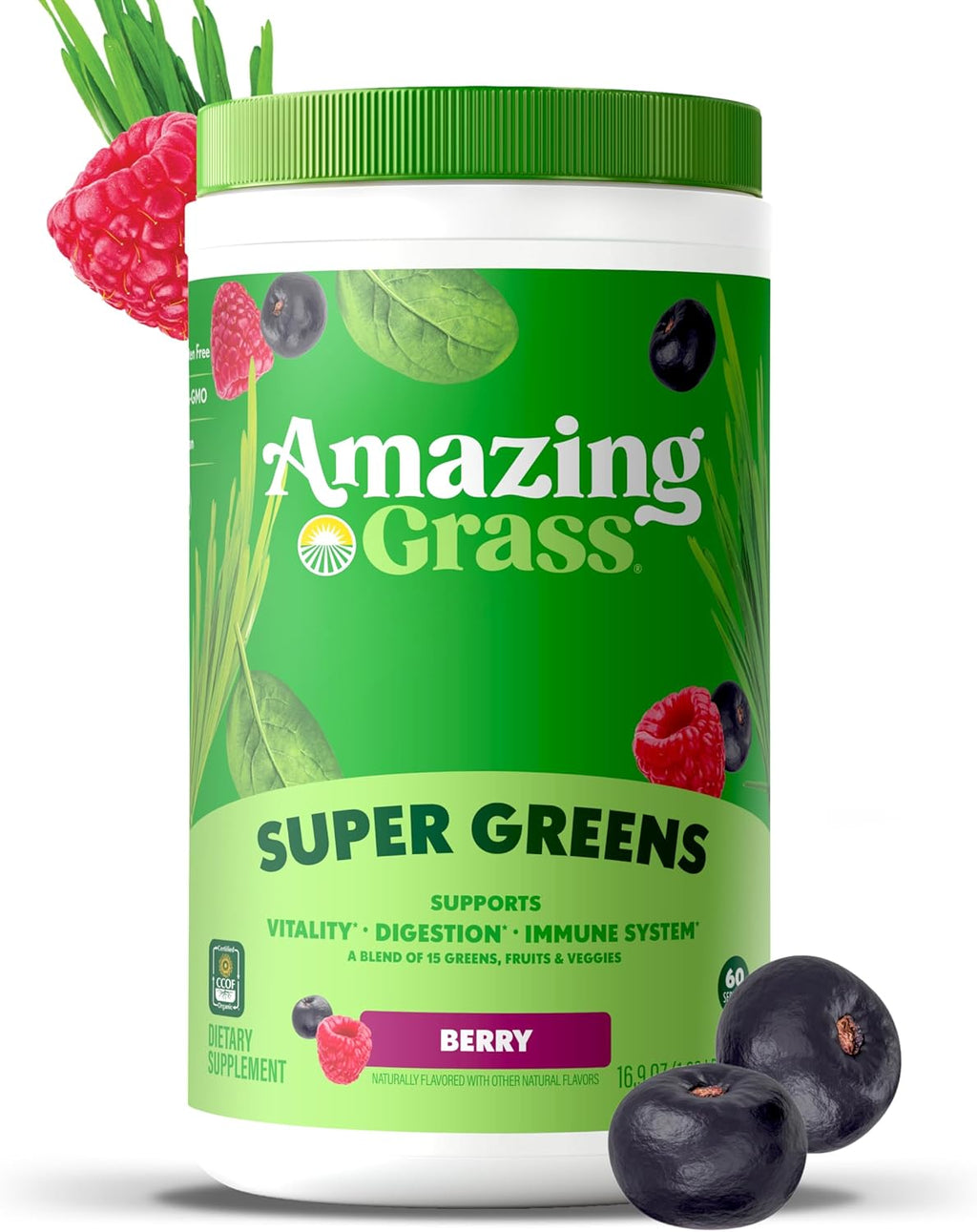 Amazing Grass Greens Blend Superfood: Super Greens Powder Smoothie Mix with Spirulina, Chlorella, Beet Root Powder, Digestive Enzymes & Probiotics, Berry, 60 Servings (Packaging May Vary)