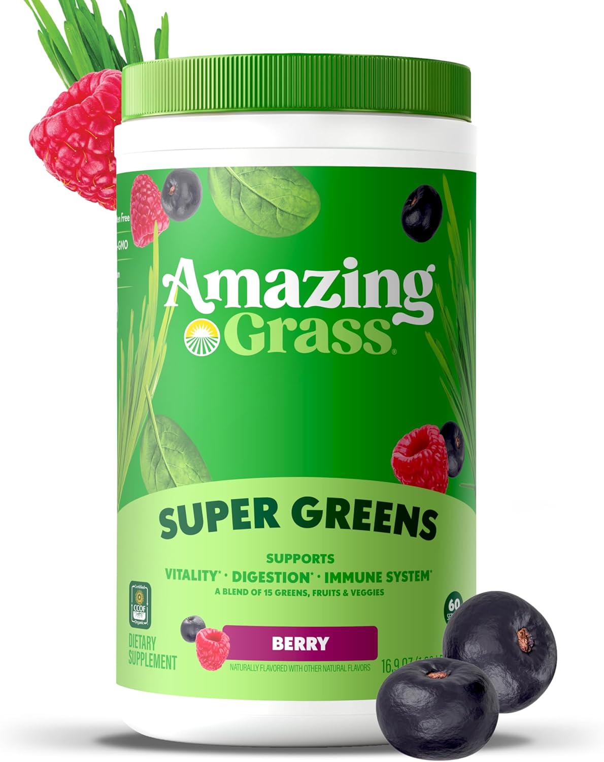 Amazing Grass Greens Blend Superfood: Super Greens Powder Smoothie Mix with Spirulina, Chlorella, Beet Root Powder, Digestive Enzymes & Probiotics, Berry, 60 Servings (Packaging May Vary)