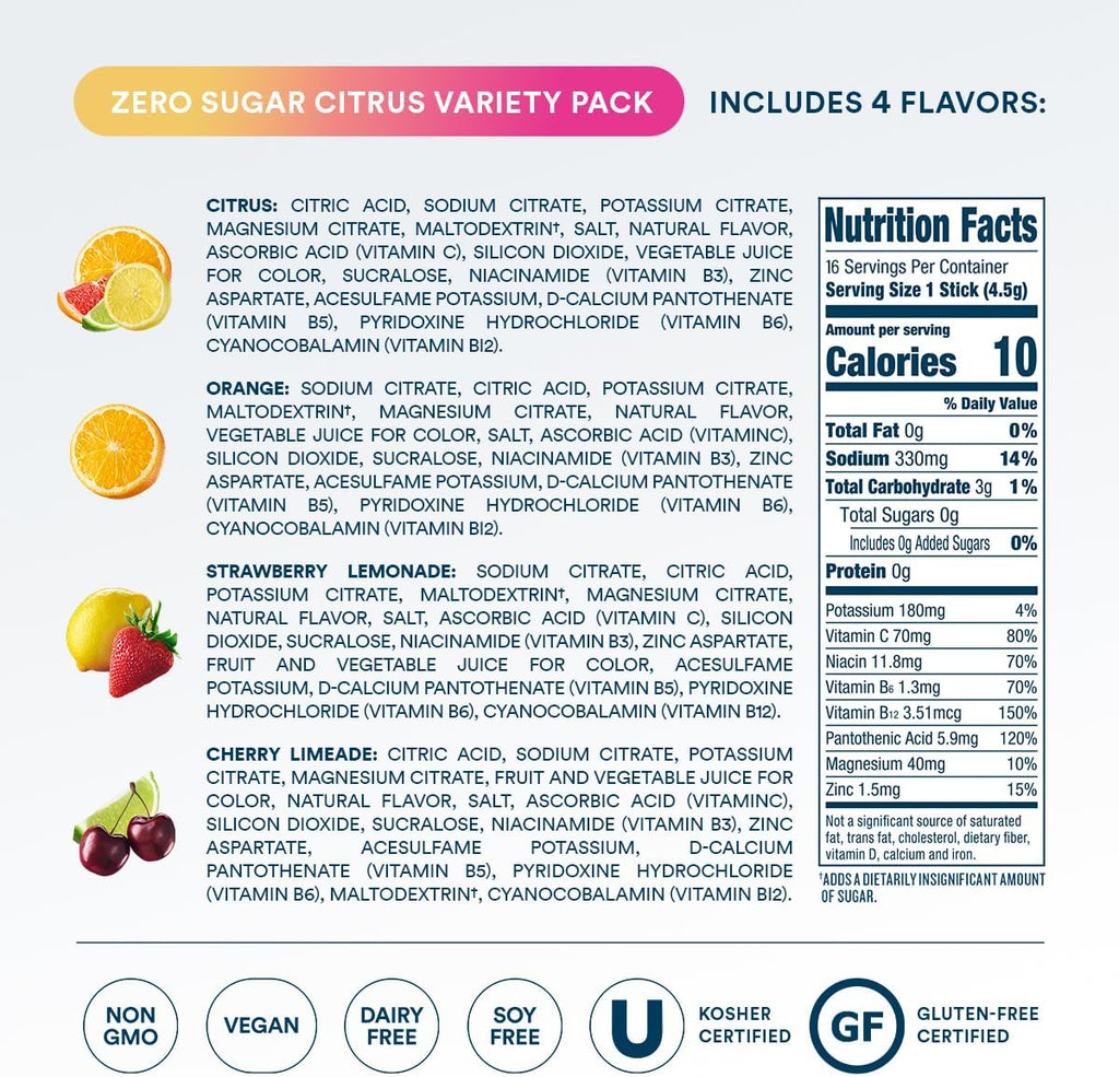 DripDrop Sugar Free Hydration Packets - Zero Citrus Variety Pack - Single Serve Electrolytes Powder Drink Mix - Cherry Limeade, Citrus, Orange, Strawberry Lemonade - Non-GMO, Gluten Free - 16 Sticks