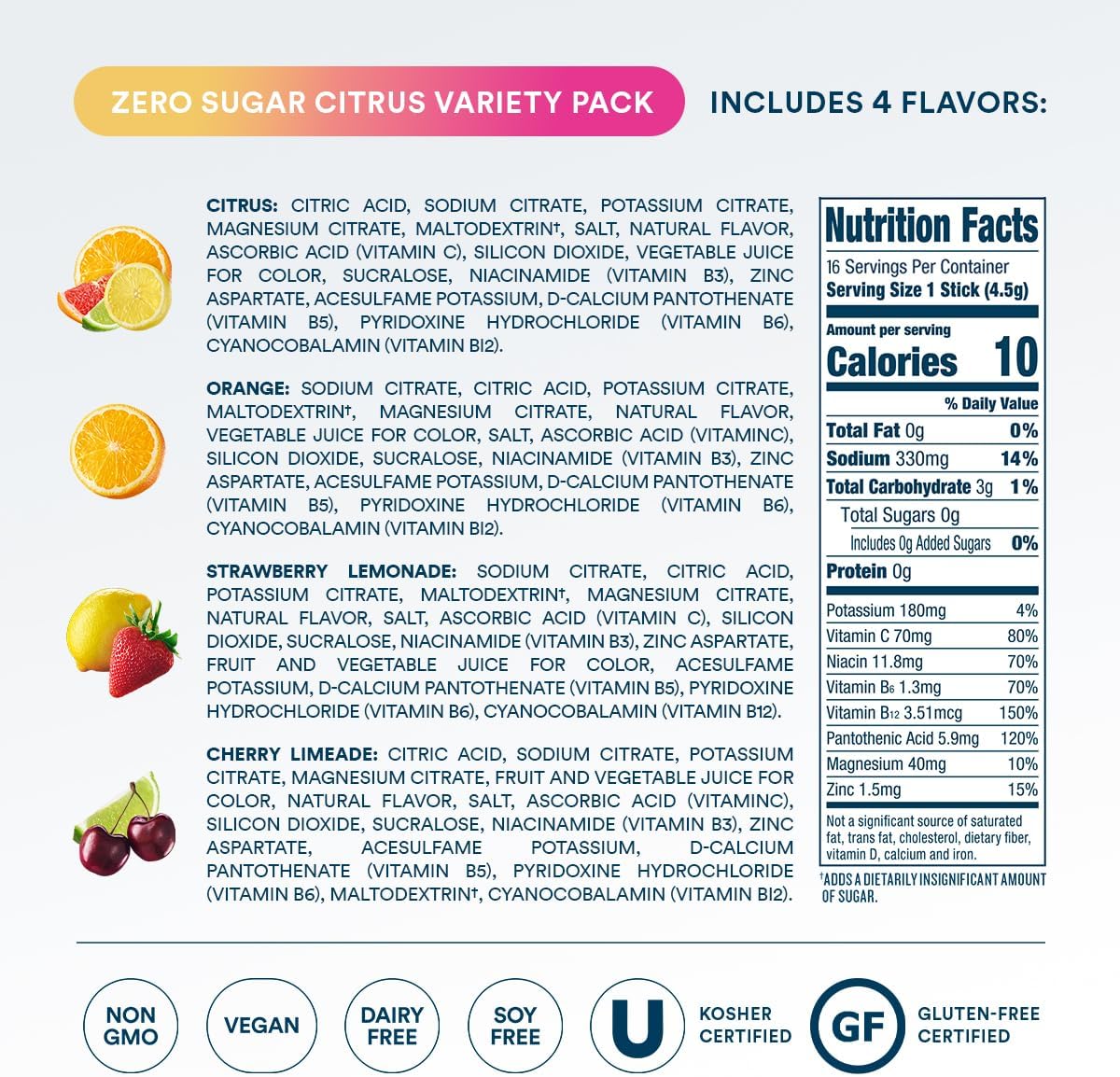DripDrop Sugar Free Hydration Packets - Zero Citrus Variety Pack - Single Serve Electrolytes Powder Drink Mix - Cherry Limeade, Citrus, Orange, Strawberry Lemonade - Non-GMO, Gluten Free - 16 Sticks