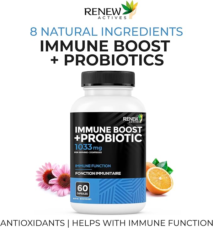 RENEW ACTIVES Antioxidant – Elderberry, Probiotics, Zinc, Vitamin C & Organic Turmeric 700MG per 2 Capsules – For Immune Function, Collagen Formation, & Overall Wellness – Made in Canada - 60 Capsules
