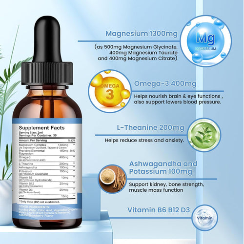 2 Pack Liquid Magnesium Glycinate Drops with Taurate & Citrate, Calm Magnesium with Omega3, L-Theanine, Potassium, Ashwagandha, Vitamin for Sleep, Muscle, Immune Health, Sugar-Free Strawberry Flavor