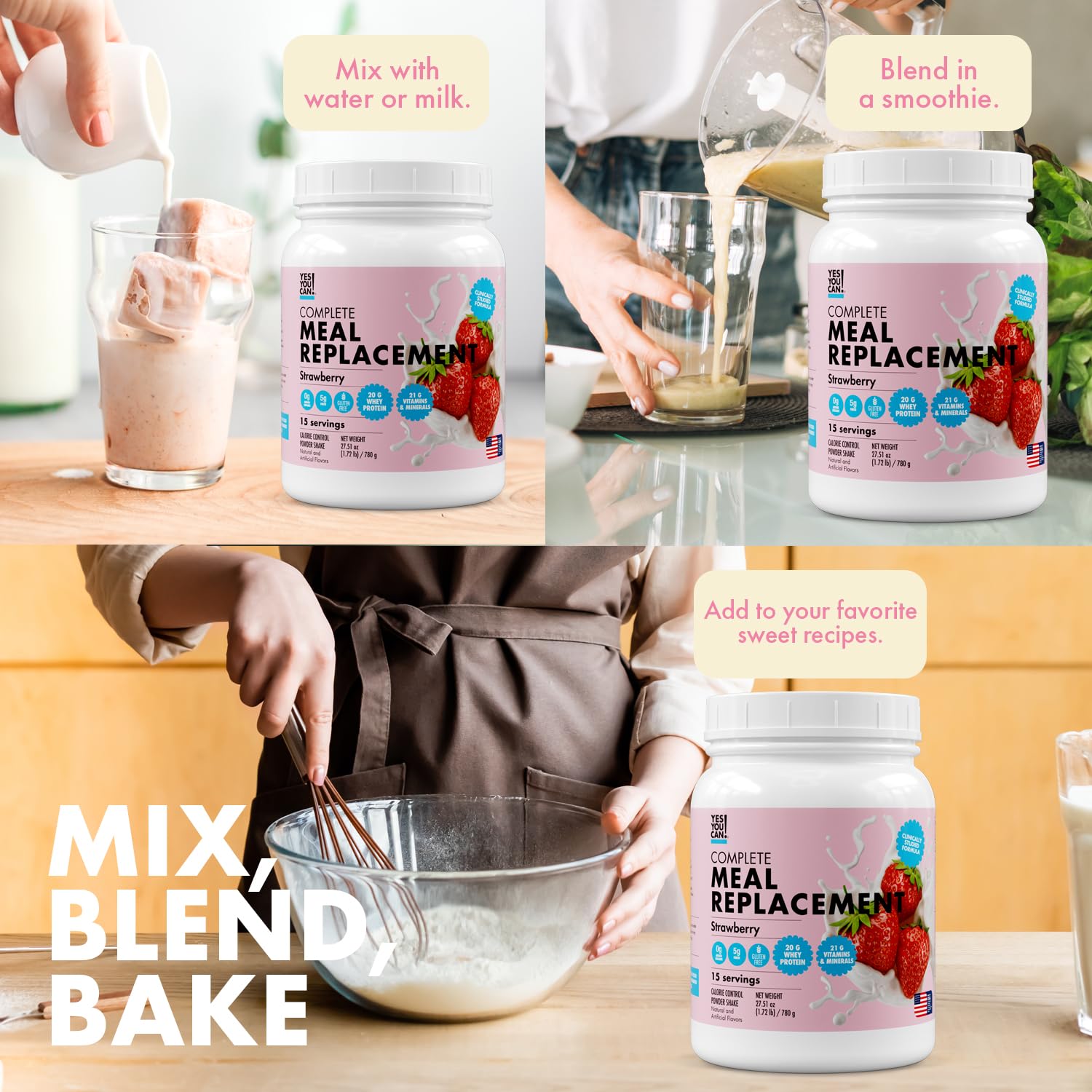 Yes You Can! Meal Replacement Shake - 20G Protein, 5G Fiber, 21 Vitamins & Minerals - Meal Replacement Protein Powder - Complete All-in-One Nutrition - 15 Servings (Strawberry)