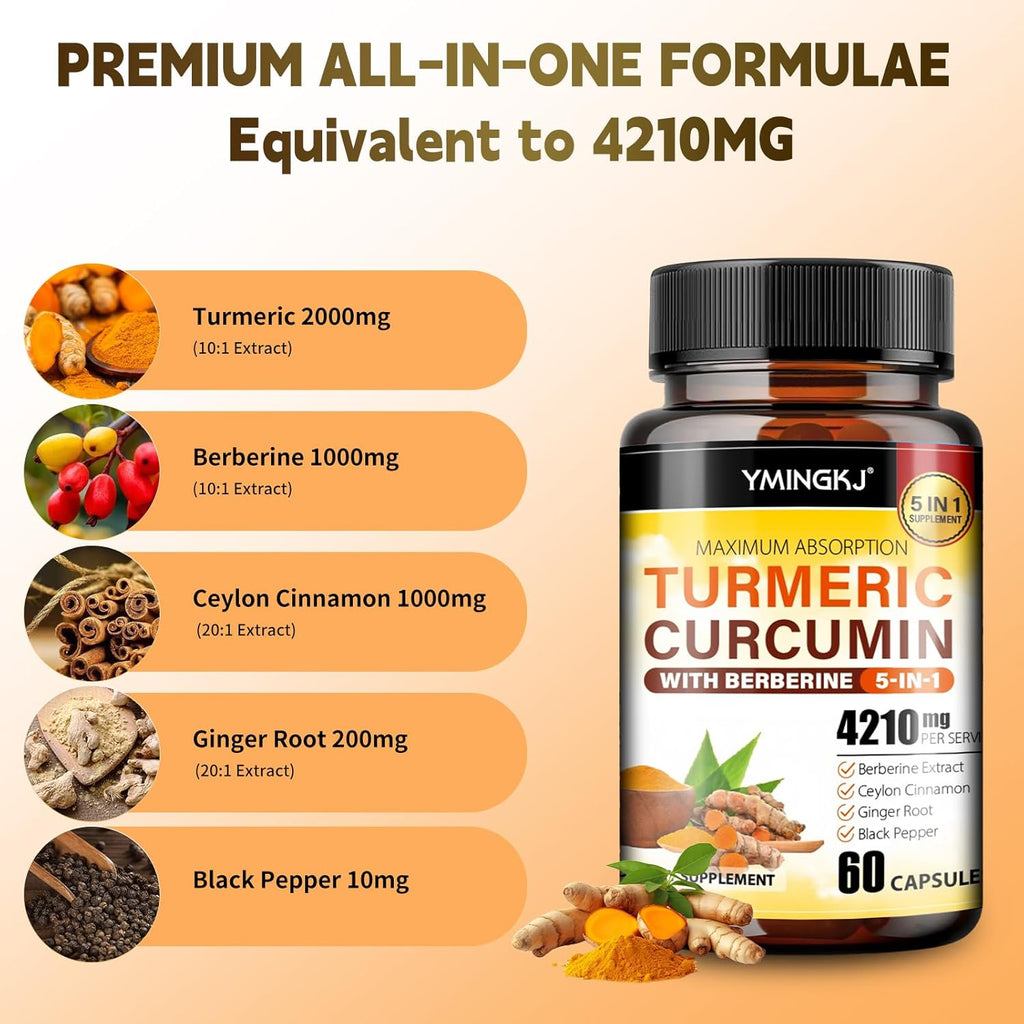 Turmeric Curcumin Supplement with Black Pepper & Bioactive Botanicals, Turmeric,Ginger,Berberine,Ceylon Cinnamon, – Premium Organic Supplement for Daily Wellness Support 60 Capsules 2 Pack