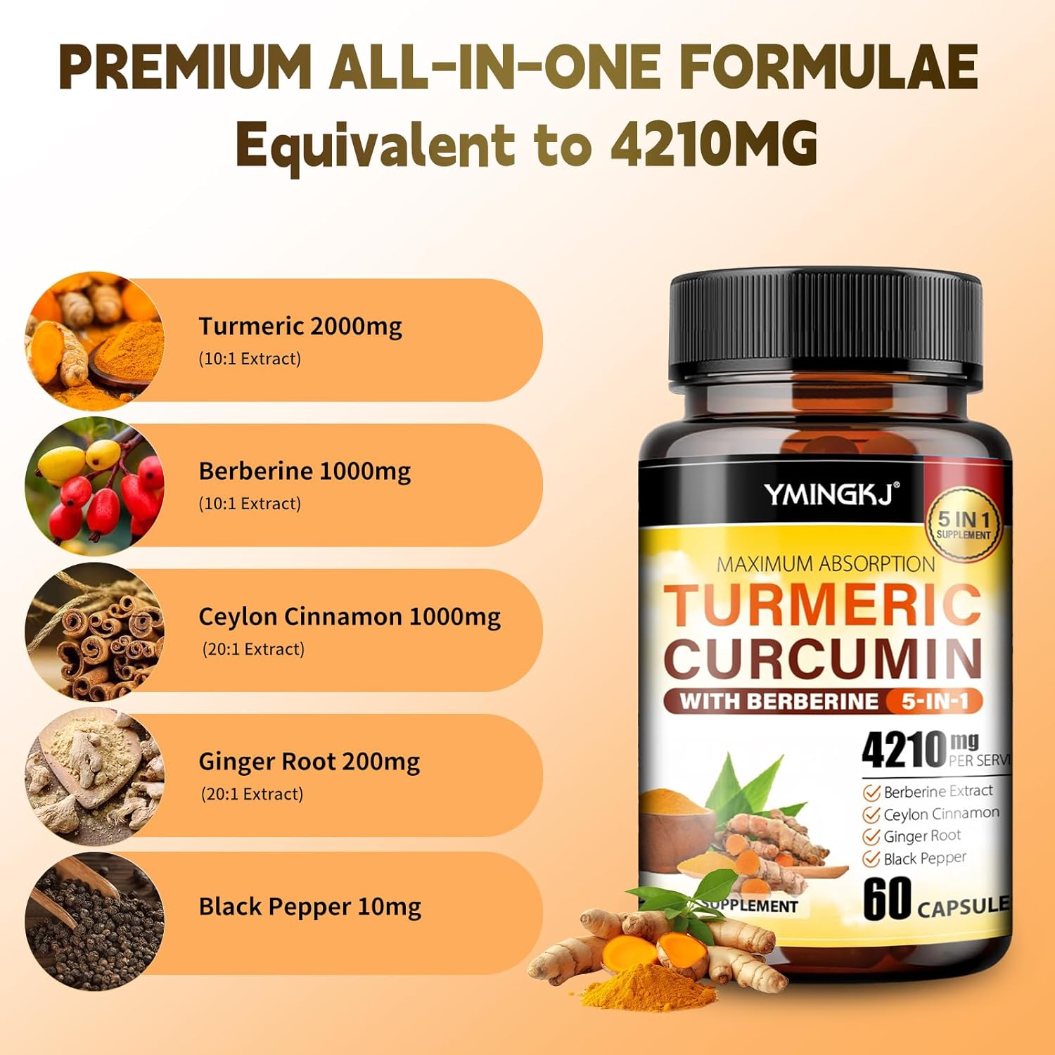 Turmeric Curcumin Supplement with Black Pepper & Bioactive Botanicals, Turmeric,Ginger,Berberine,Ceylon Cinnamon, – Premium Organic Supplement for Daily Wellness Support 60 Capsules 2 Pack