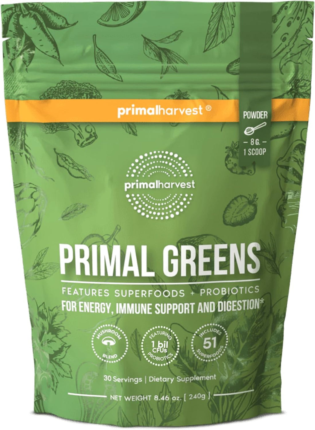 Primal Harvest Super Greens Powder, 30 Servings w/+50 Greens Superfood Chlorella, Probiotics, Green Tea, Wheatgrass, Kale, Turmeric for Energy,Primal Greens
