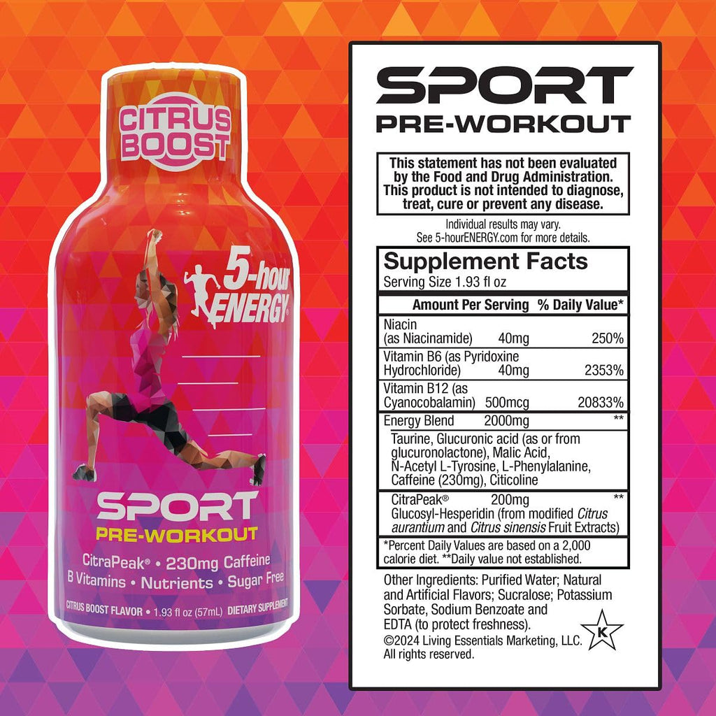 5-Hour Energy Extra Strength Sport Shots with Citrapeak, Citrus Boost Flavor, Pre-Workout 24 Count (1.93 fl oz)