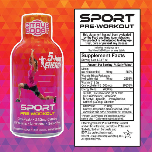 5-Hour Energy Extra Strength Sport Shots with Citrapeak, Citrus Boost Flavor, Pre-Workout 24 Count (1.93 fl oz)
