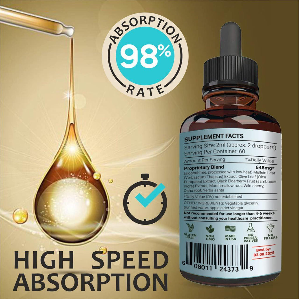 Lung Defense Herbal Extract 8 in 1 Blend (Mullein,Marshmallow,OSHA,Wild Cherry,Elderberry,Yerba Santa,Olive Leaf,ACV) Lung Cleanse - Respiratory & Immune System Support - Liquid Supplement- 4 OZ