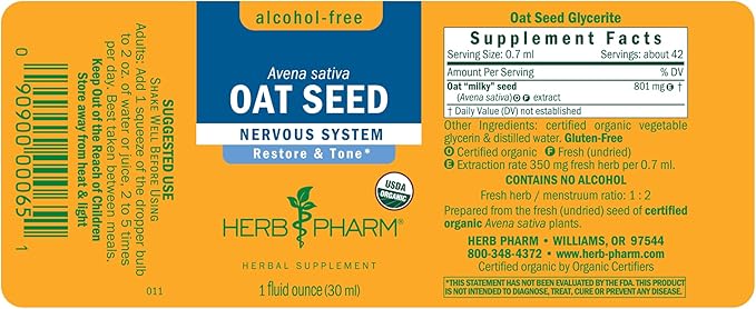 Herb Pharm Certified Organic Alcohol-Free Oat Seed Glycerite for Nervous System Support - 1 Fl Oz (Pack of 1)