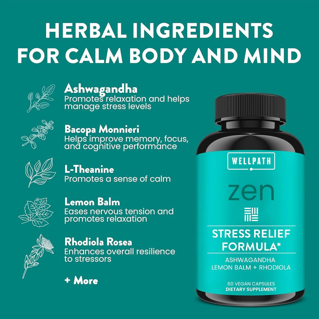 WellPath Zen Stress Relief Supplement + Mood Support | Calm, Stress & Energy Support | Ashwagandha Root, Rhodiola Rosea, L-Theanine, Lemon Balm | Herbal Capsules, 60 Ct