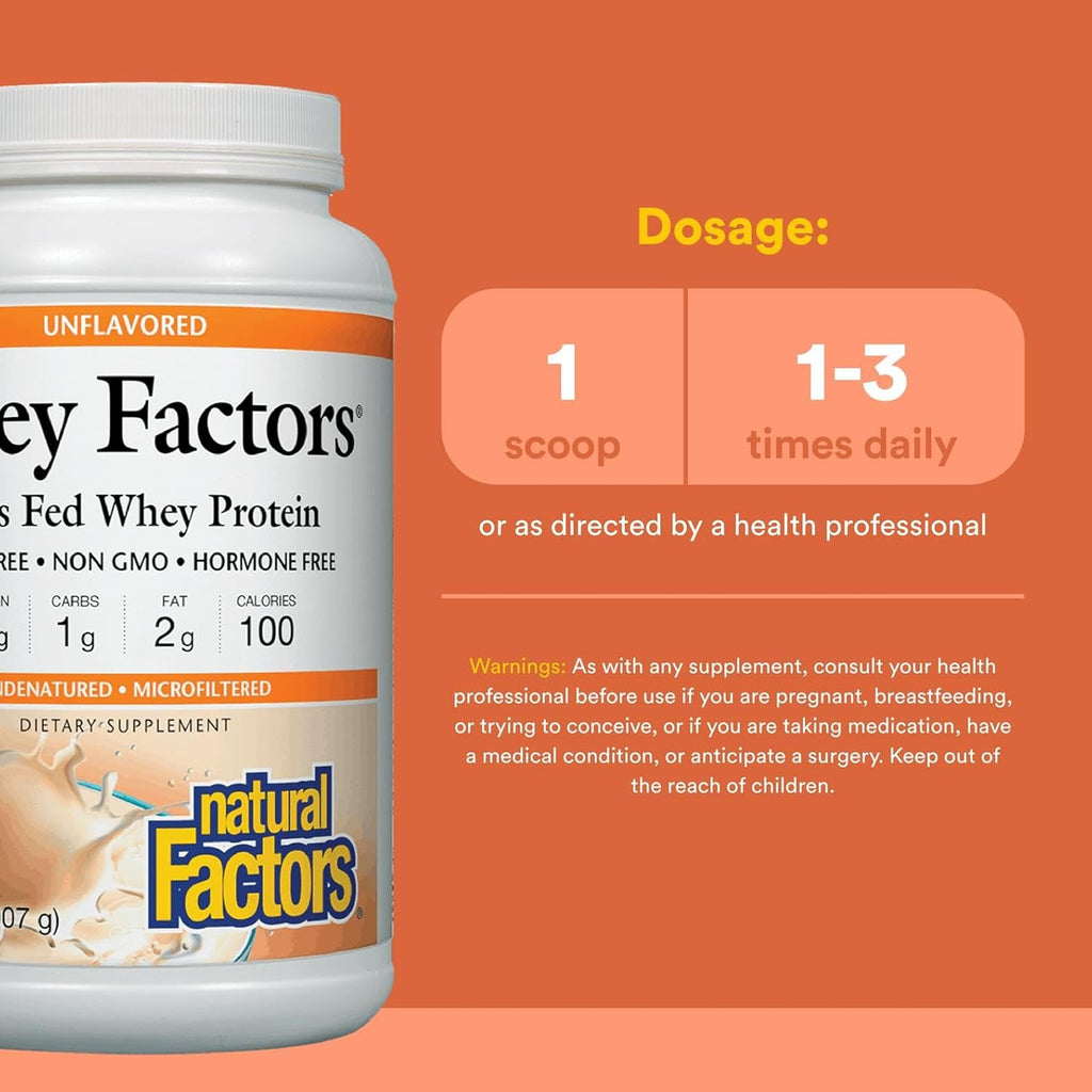 Whey Factors by Natural Factors, Grass Fed Whey Protein Concentrate, Aids Muscle Development and Immune Health, Unflavored, 2 lb