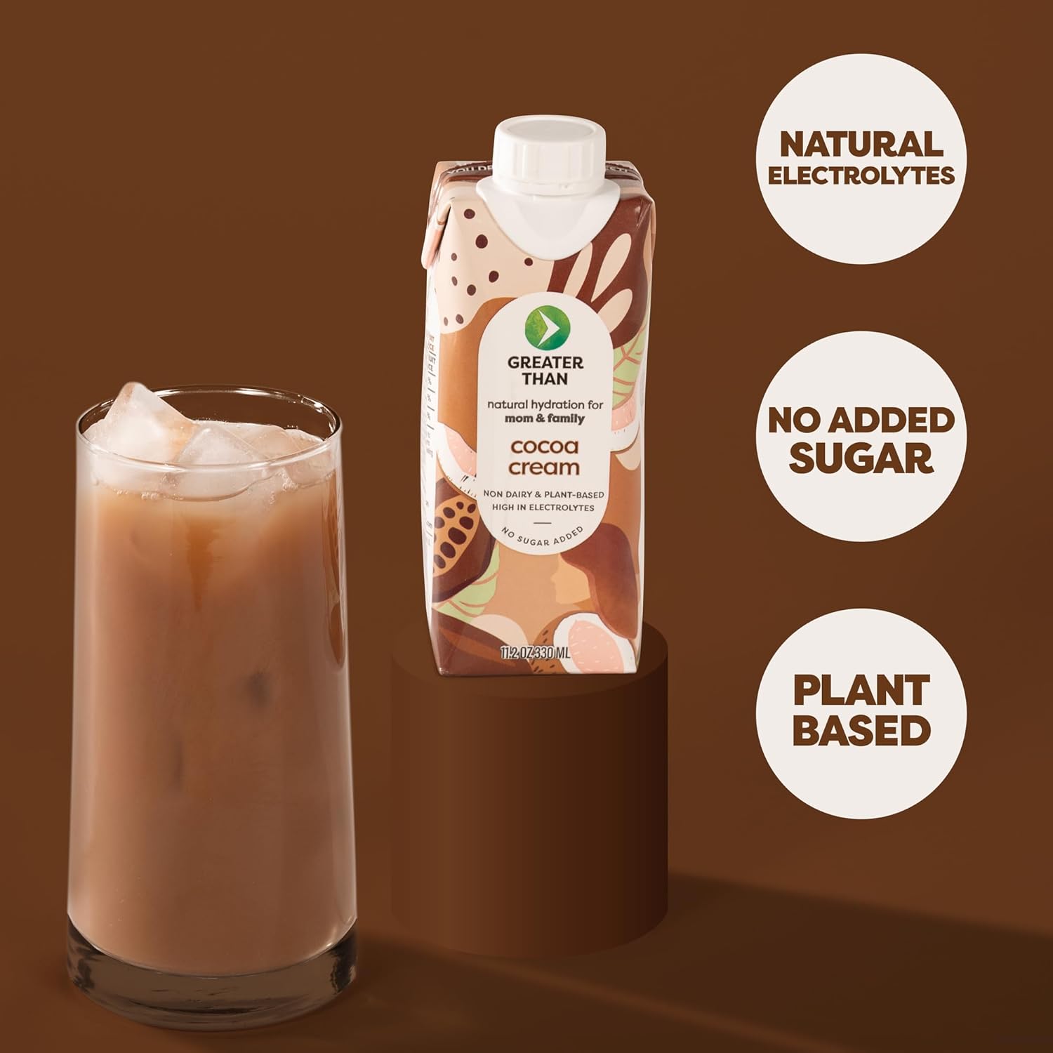 Greater Than Nutrient Hydration Beverage, Electrolyte Drink for Gut Health & Energy with Coconut Water, Vitamins, Gluten Free, Plant Based, Low Sugar, Cocoa Cream, 24 Pack