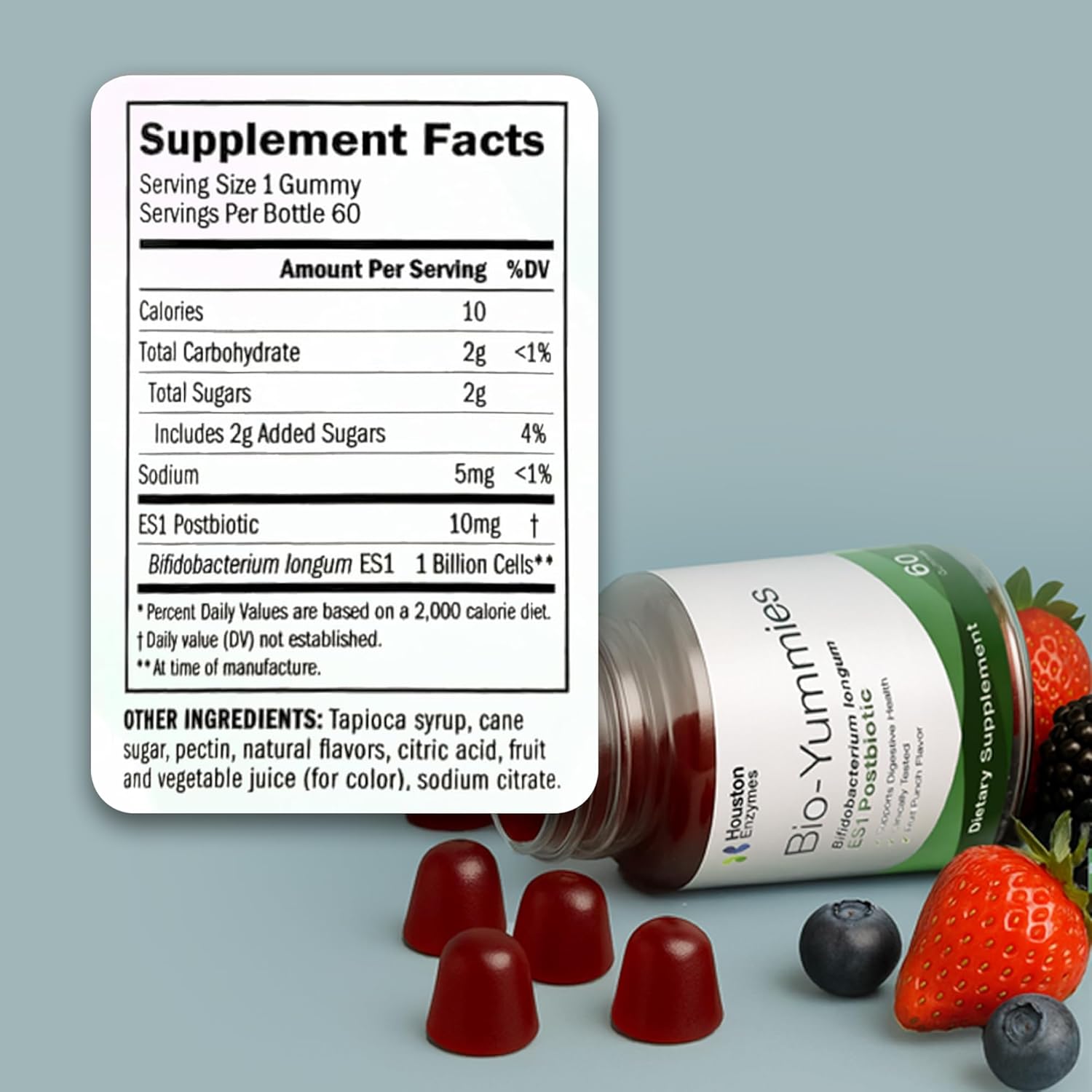 Houston Enzymes BioYummies Postbiotic Digestive Health Supplement with ES1 Postbiotics, Gut Health for Men & Women, Metabolites from Prebiotics and Probiotics, 60 Fruit Punch Flavor Chewable Gummies