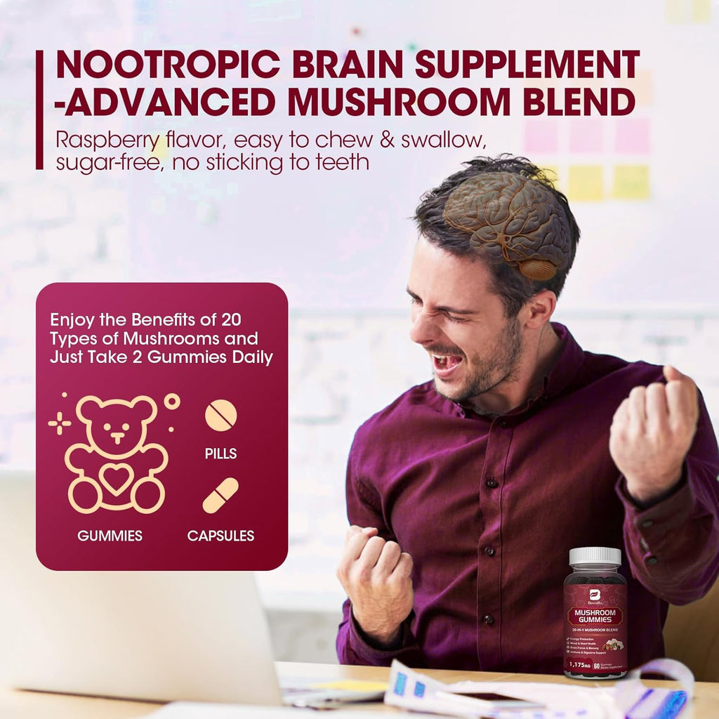 Mushroom Gummies, 20 in 1 Lions Mane Mushroom Complex Supplement with Reishi, Chaga, Cordyceps & More for Adult, Support for Brain, Focus, Cognitive & Immune Health, Vegan, Raspberry Flavor, 60 Count