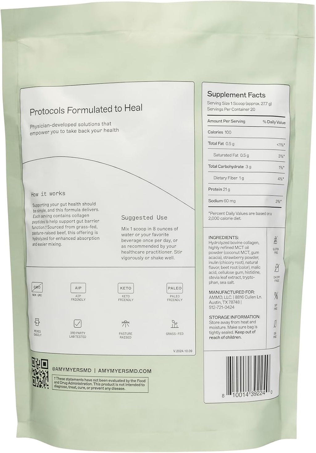 Amy Myers MD Paleo Protein Powder - Strawberries & Cream, 20 Servings - Collagen-Based Gut Function Support - Gluten-Free & Non-Dairy Protein Supplement