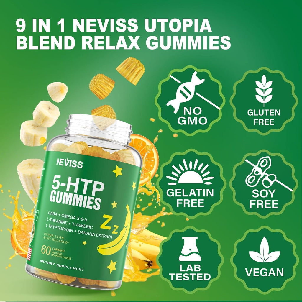 NEVISS 1Pack 5-HTP Gummies + GABA - Melatonin Free - Relaxation Gummies with Banana Extract, L-Theanine,L-Tryptophan, Vitamin D3 for Healthy Rest Cycle & Circadian Rhythm,Brain Function & Muscle Relax