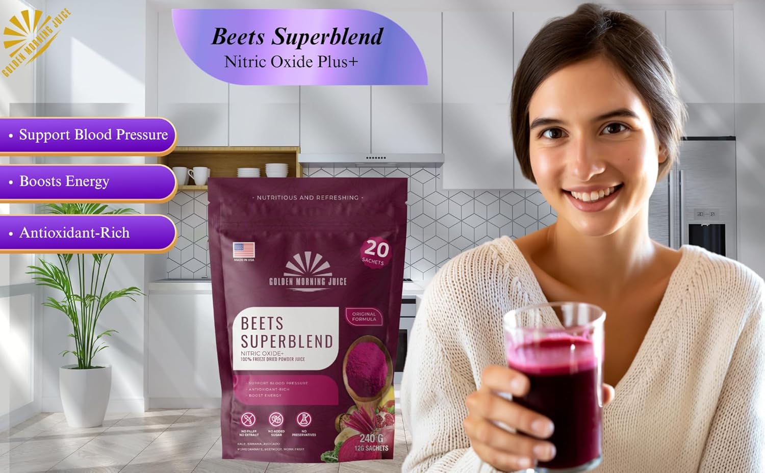 Beets Superblend 100% Freeze Dried Powder Juice, Beets, Pomegranate, Avocado, Kale, Banana, Monk Fruit, No Sugar Added.