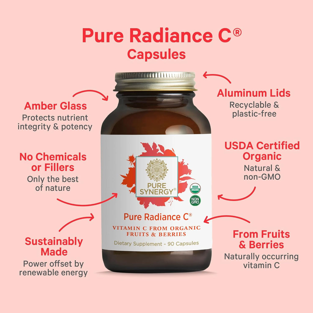 PURE SYNERGY Pure Radiance C – Organic Vitamin C Capsules | 100% Whole Food Supplement, Non-GMO, Camu Camu Extract with Natural Immune & Collagen Support – 90 Capsules