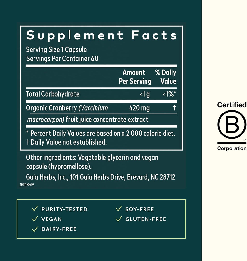 Gaia Herbs Cranberry Concentrate - Helps Maintain Urinary Tract Health - Made with Organic Cranberry Fruit Juice Extract in Convenient Capsules - 60 Vegan Liquid Phyto-Capsules (30-Day Supply)