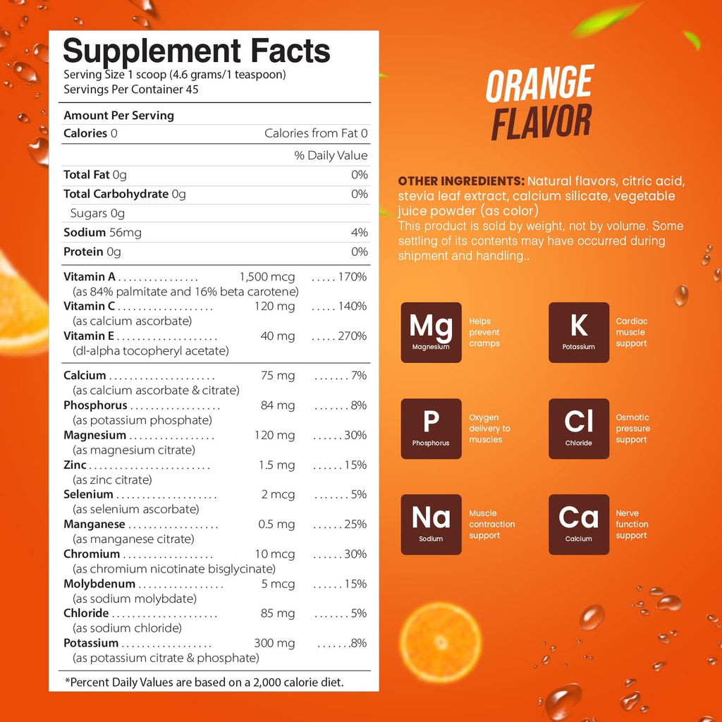 Electrolyte Powder - Refreshing Workout Recovery Electrolytes, Sugar Free, Gluten Free & Vegan, Pure Keto & Paleo Hydration Beverage, Immune Boosting Vitamins (198 Grams, Orange)