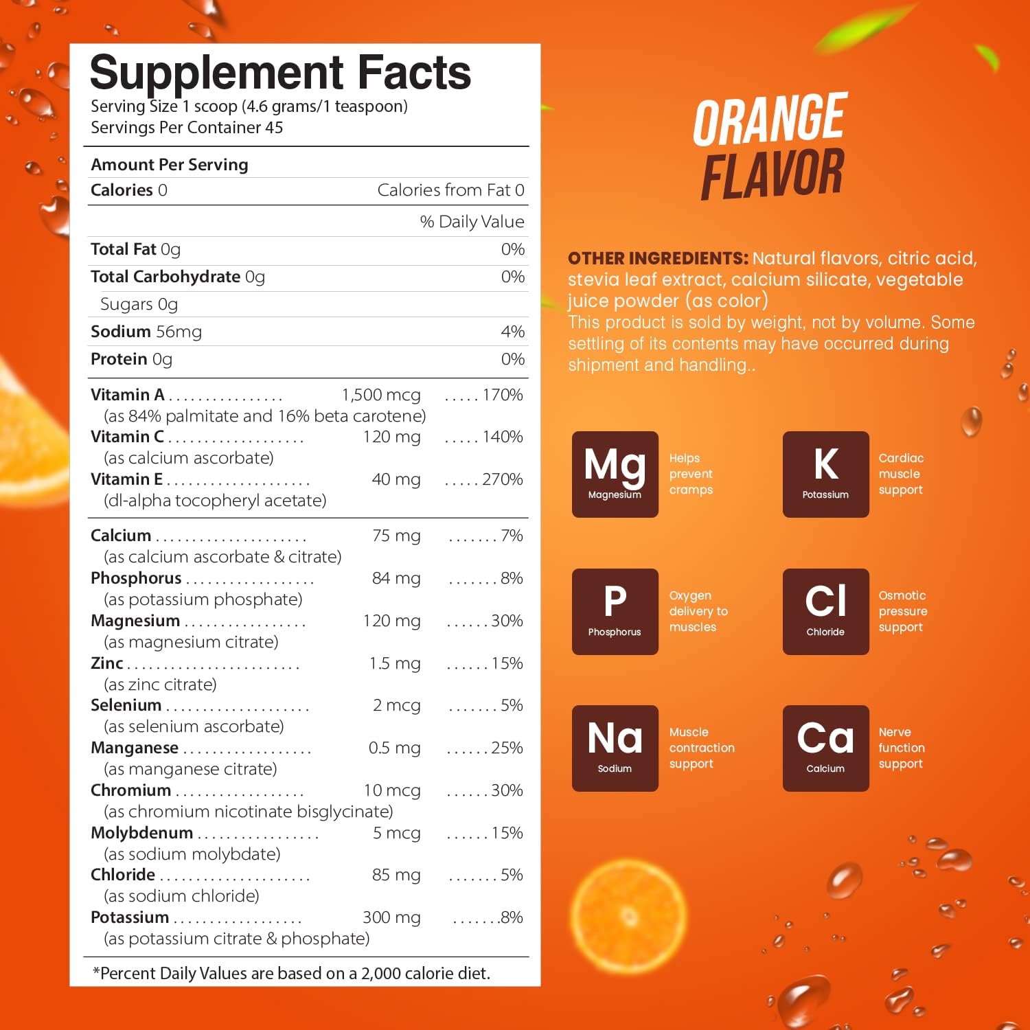 Electrolyte Powder - Refreshing Workout Recovery Electrolytes, Sugar Free, Gluten Free & Vegan, Pure Keto & Paleo Hydration Beverage, Immune Boosting Vitamins (198 Grams, Orange)