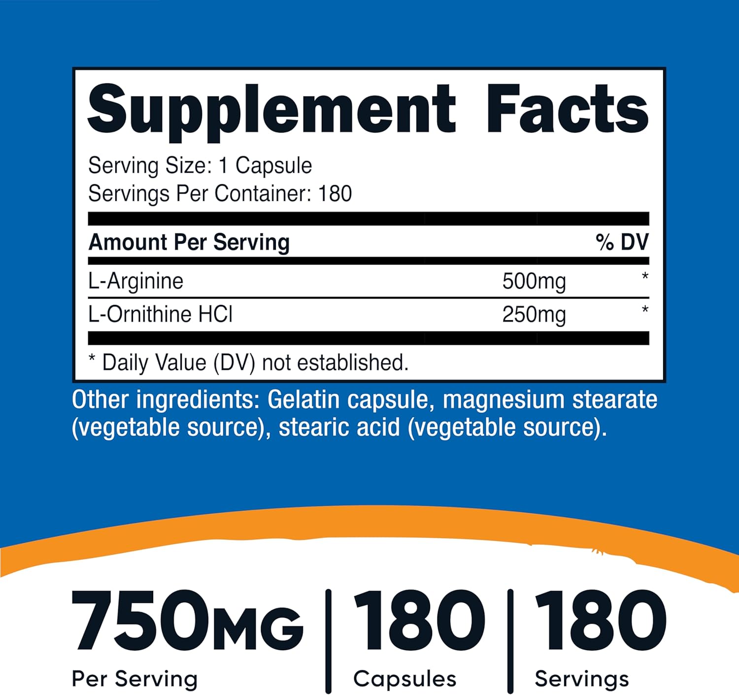 Nutricost L-Arginine L-Ornithine 750mg; 180 Capsules (2 Bottles)