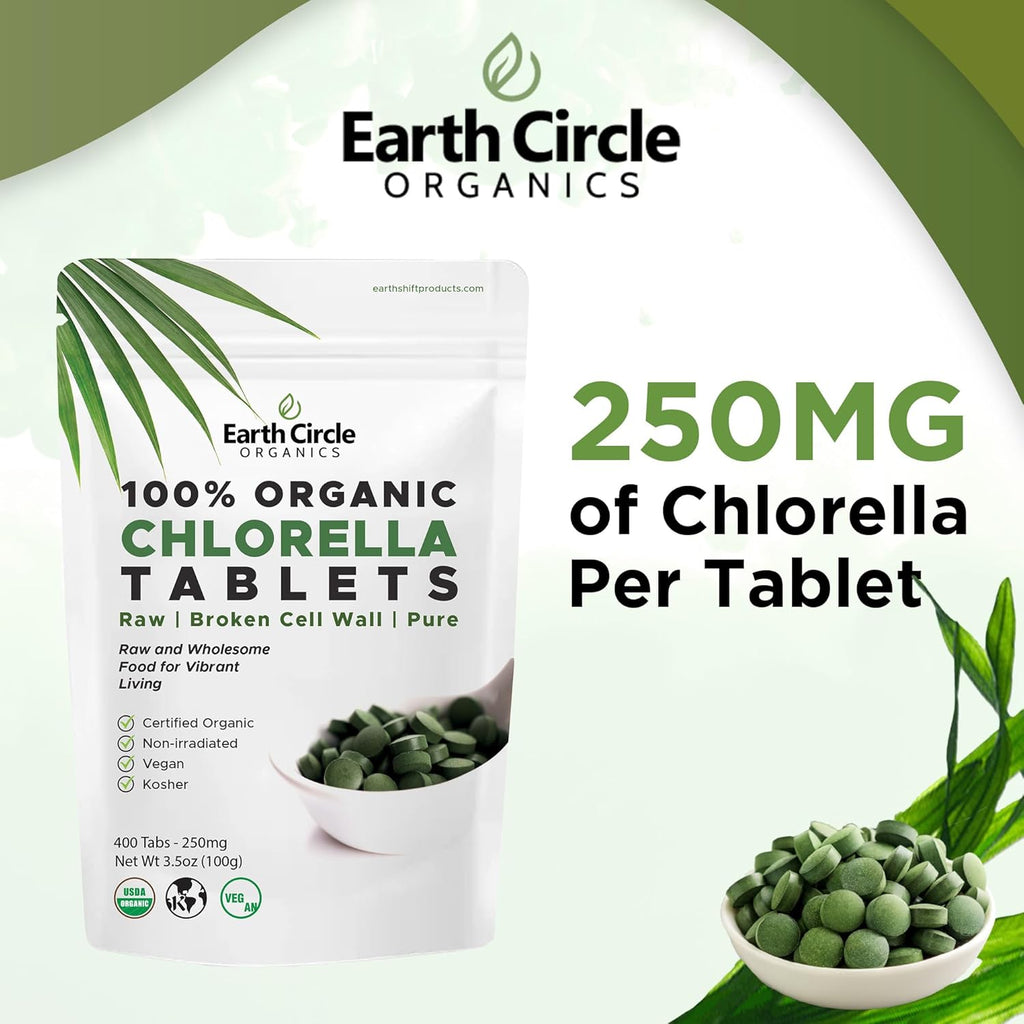 Organic Chlorella Tablets 400 Count | High Potency Superfood | Chlorophyll Pills from 100% Pure Green Algae | Broken Cell Wall for Maximum Absorption | Vegan, Kosher, Non-GMO | 4 Tabs per Day (2-Pack)