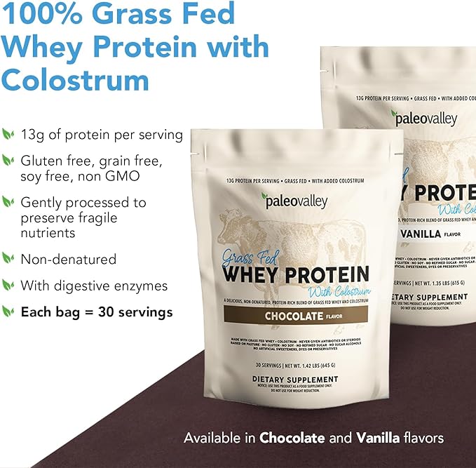 Paleovalley 100% Grassfed Whey Protein Powder with Colostrum, 30 Serving, 13g Protein, Vanilla, Muscle Building, Immune Support, Gut Health