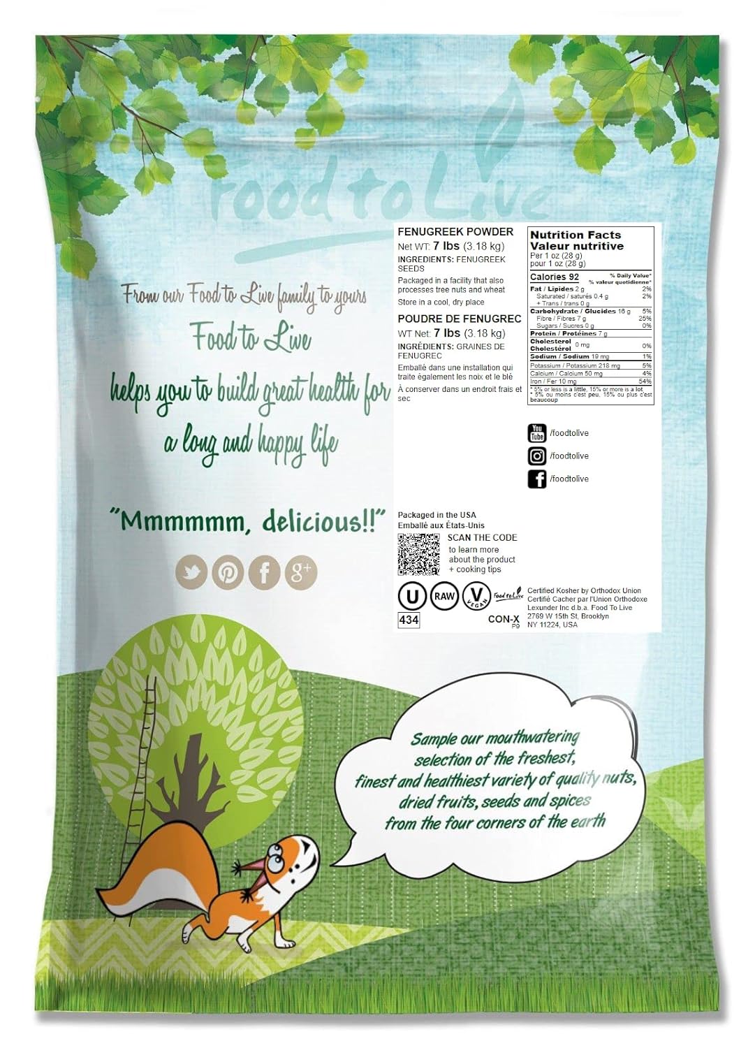 Food to Live Fenugreek Powder, 7 Pounds – Ground Methi Seeds, Kosher, Vegan, Bulk. Rich in Dietary Fiber and Iron. Great for Spice Blends, Curries, Chutneys, Vegetable Dishes, and Smoothies