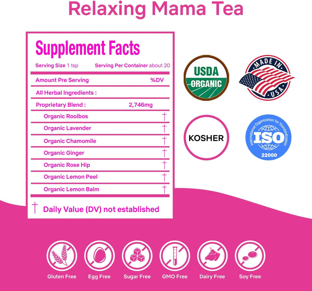 Secrets Of Tea Relaxing Mama Tea - Natural USDA Organic Caffeine Free - Safe for Pregnancy and Breastfeeding - Up to 40 Servings - 20 Count(1 Pack)