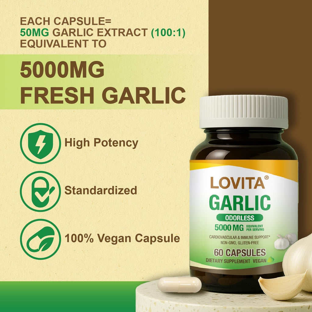 LOVITA Odorless Garlic Capsules, 5000mg Fresh Garlic Equivalent, 1.25% Allicin Extract, Supports Heart, Blood Pressure, Cholesterol & Immune System, Non-GMO, Gluten-Free, 60 Vegan Capsules