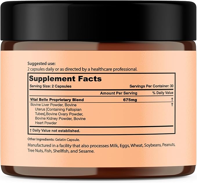 Vital Belle Grass Fed Beef Organ Supplement for Women – Nutrients from Bovine Liver, Heart & Kidney – Balanced Energy & Daily Wellness Support – 60 Grassfed Capsules – Pasture-Raised Organ Blend