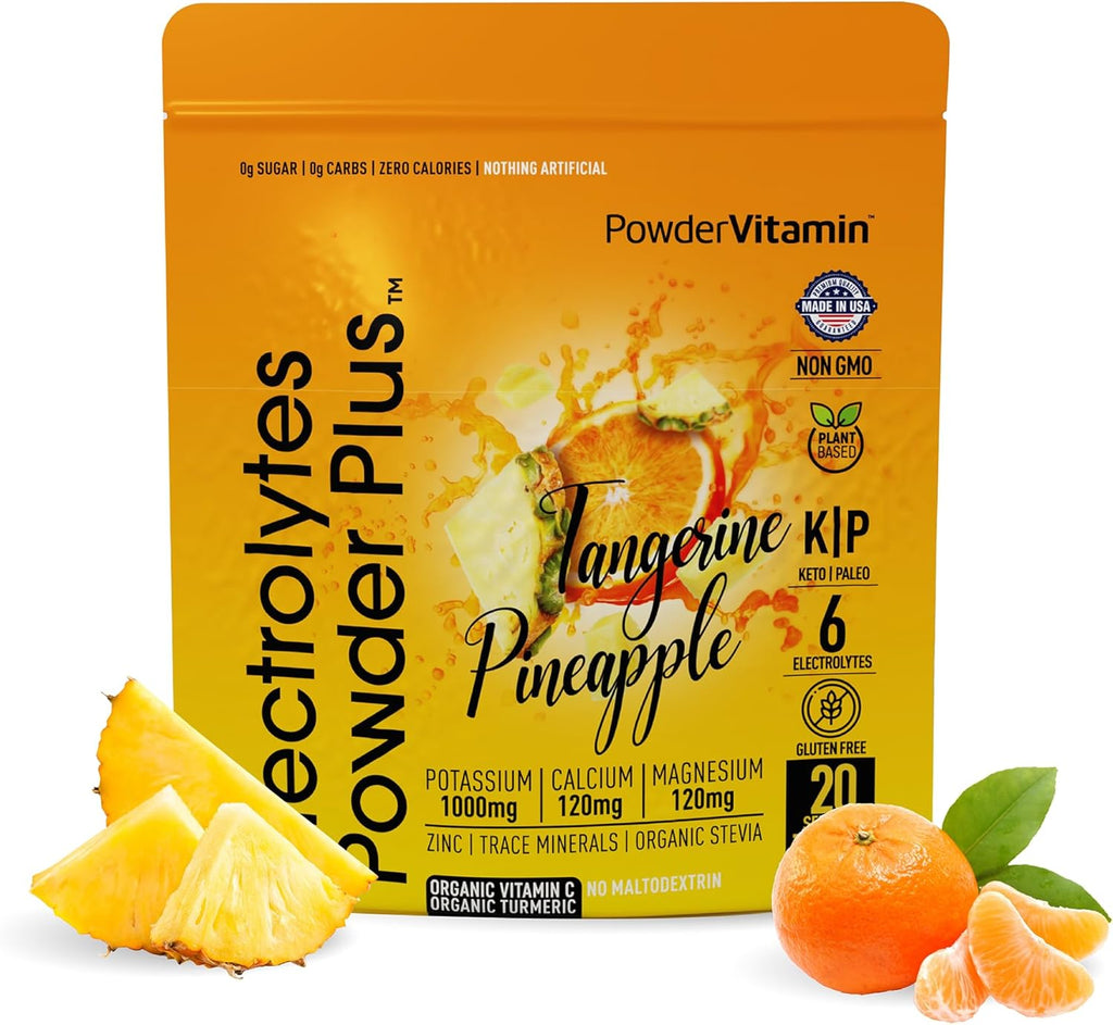 PowderVitamin Electrolytes Powder Plus (20 Servings) Tangerine Pineapple Electrolyte Powder Zero Calorie Keto,0Sugar,No Maltodextrin,1000mg Potassium,120mg Calcium,120mg Magnesium, Pink Himalayan Salt