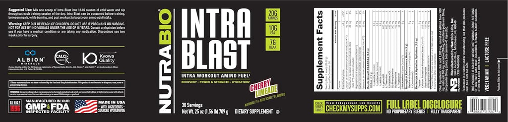 NutraBio Intra Blast Bcaa Powder Amino Acid Supplement, Electrolyte & Hydration Blend, Intra, Pre Workout & Muscle Recovery, 20g Eaa Amino Acids Powder, 5g Glutamine- Cherry Limeade, 30 Serving