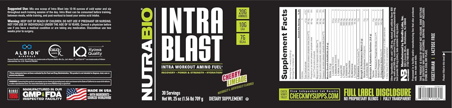 NutraBio Intra Blast Bcaa Powder Amino Acid Supplement, Electrolyte & Hydration Blend, Intra, Pre Workout & Muscle Recovery, 20g Eaa Amino Acids Powder, 5g Glutamine- Cherry Limeade, 30 Serving