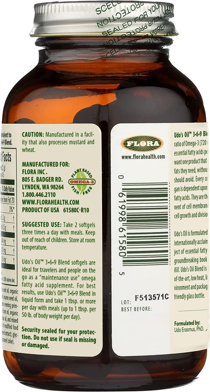 Flora Udo's Oil 3-6-9 Blend - Contains Organic Coconut, Flax Seed Oil & More - 90 Vegetarian Softgels