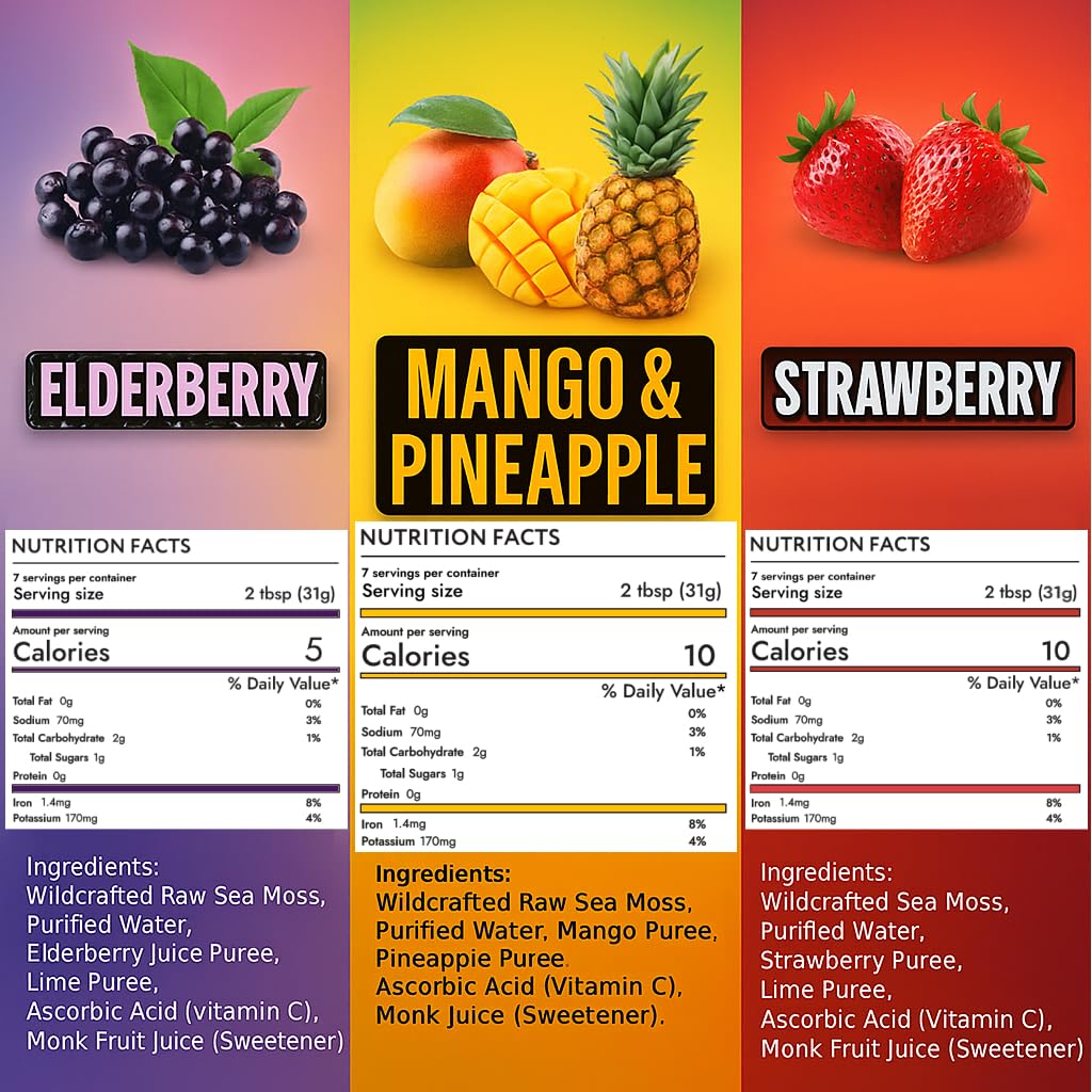 Biolore Sea Moss Gel Starter Pack – 3 Flavors Mango Pineapple, Strawberry, Elderberry – Superfood with Essential Vitamins & Trace Minerals – 8oz Jars, Made in USA (Pack of 3)